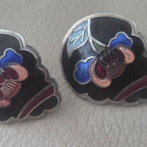 Vintage Floral Cloisonne Enamel Silver Earrings